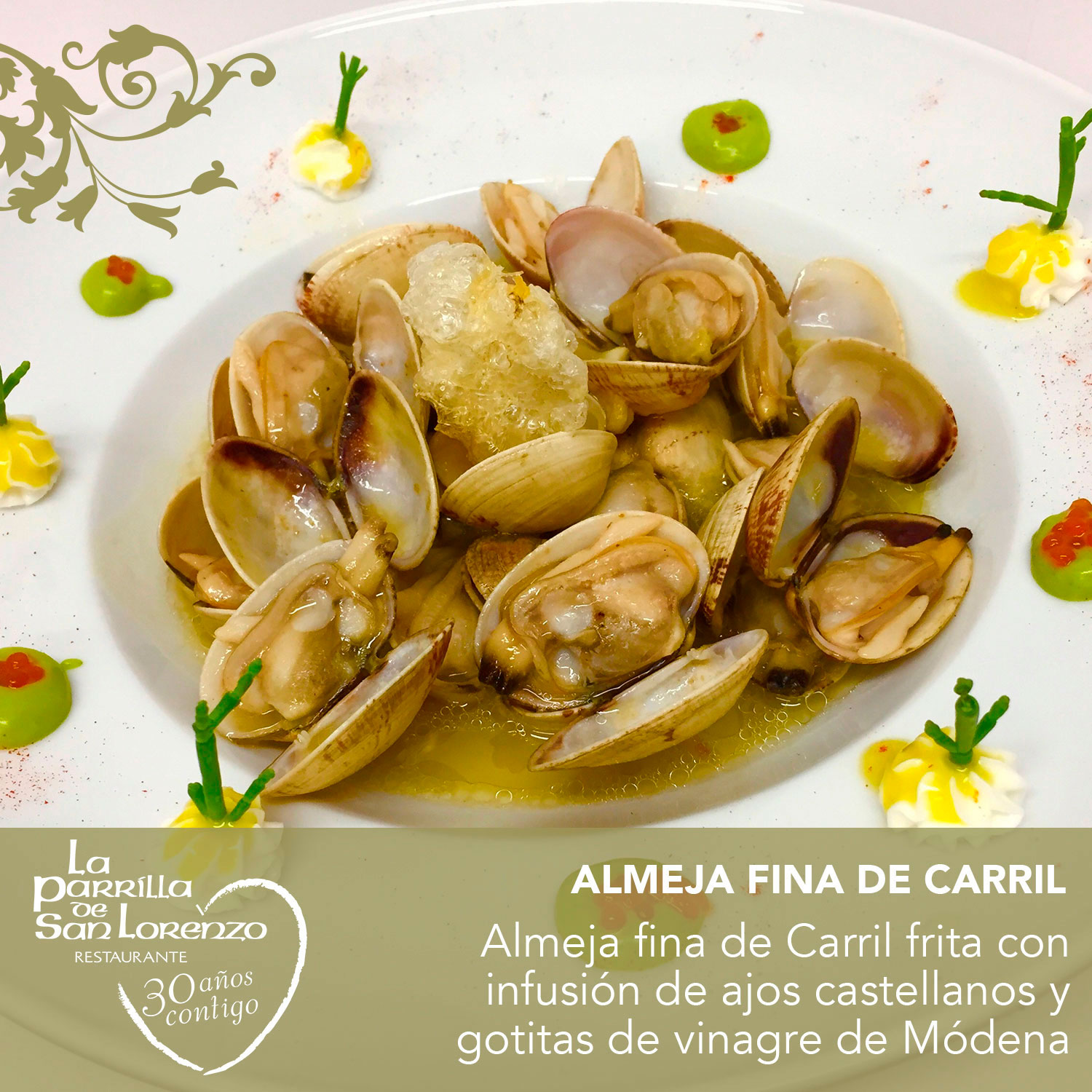 Almeja fina de Carril frita con infusión de ajos castellanos y gotitas de vinagre de Módena